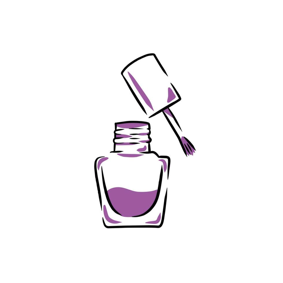 Nail polish. Bottle with pink brush sketch. Product for beauty salon and female glamour. Minimal doodle illustration isolated on white. Outline art vector