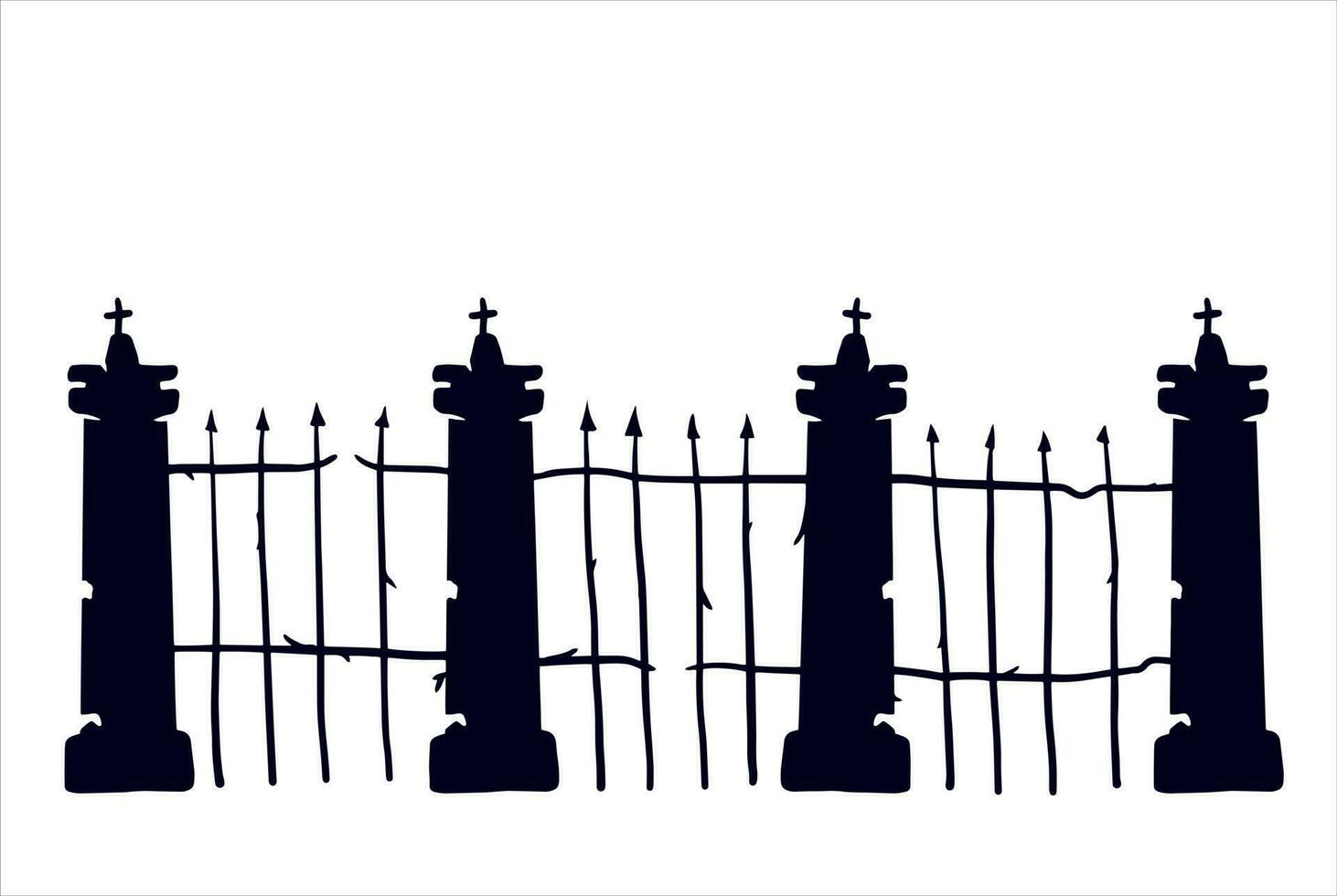 Old fence of cemetery. Halloween decoration. Black silhouette of gloomy wall. Flat illustration isolated on white vector