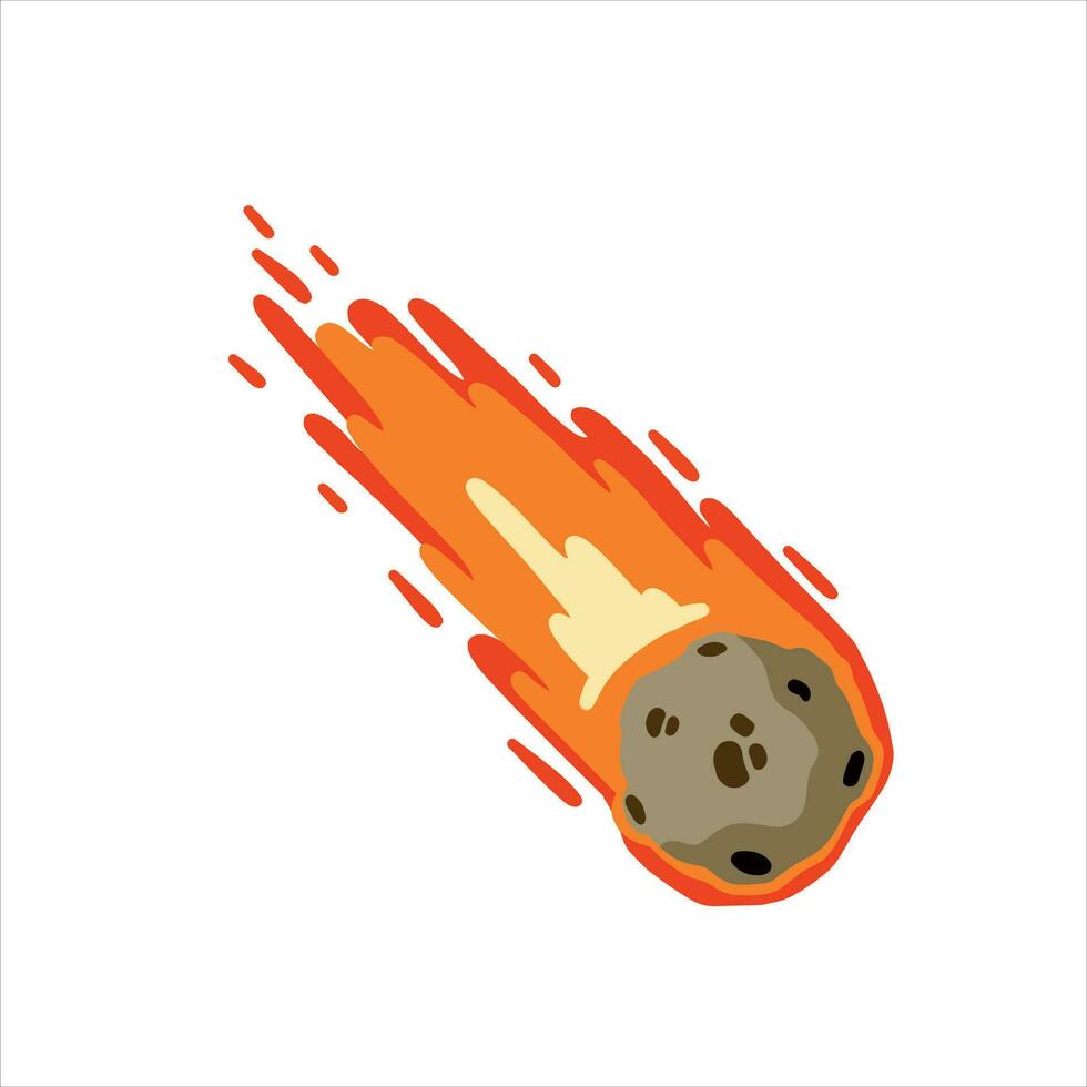 meteorito con sendero de fuego. dibujos animados plano ilustración. cometa con cola. peligroso espacio objeto. grande asteroide. estrellas y astronomía. celestial objeto. volador en cielo vector