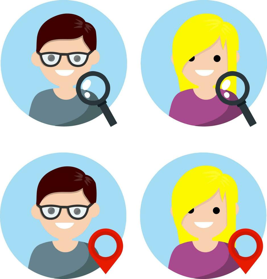 Avatar of man and woman of social network. Search magnifying glass and red route point. Navigation and Internet. Head of Young boy and girl in circle. App and people. Cartoon flat illustration vector