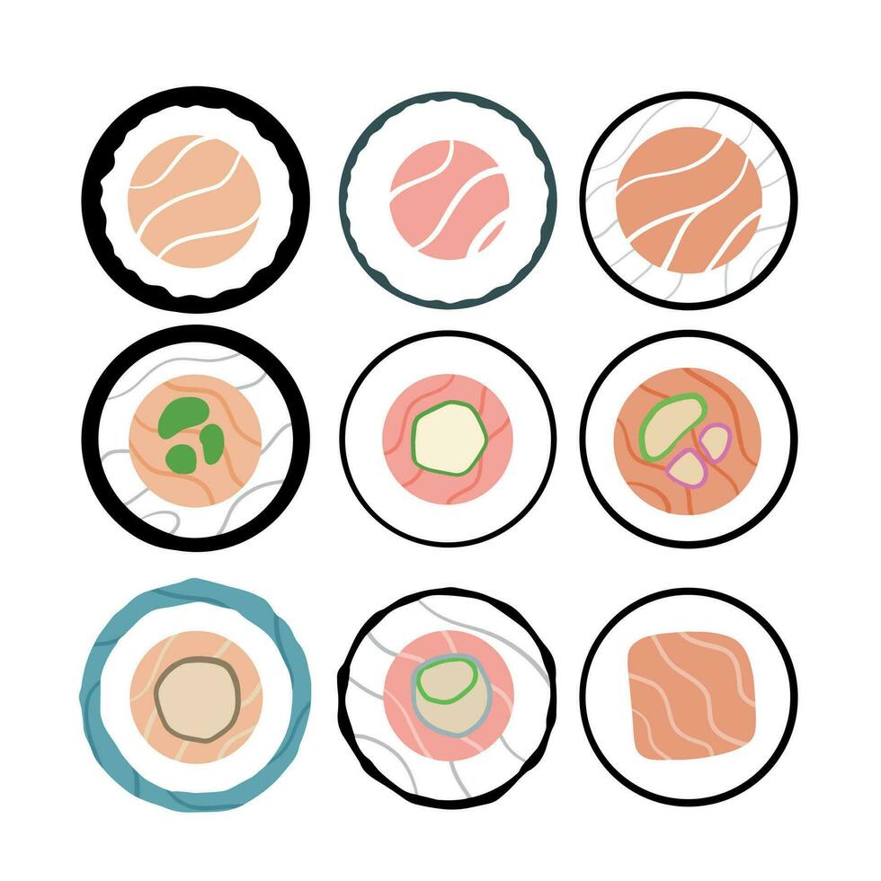 Sushi roll set. Circle round traditional japanese food. Flat style vector illustration isolated on white