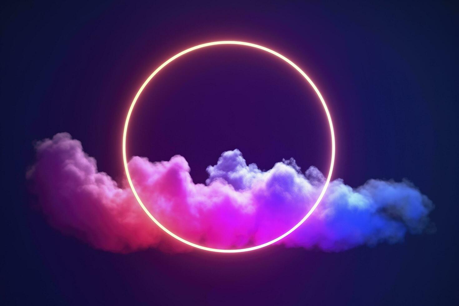 3d render, abstract cloud illuminated with neon light ring on dark night sky. Glowing geometric shape, round frame, generate ai photo