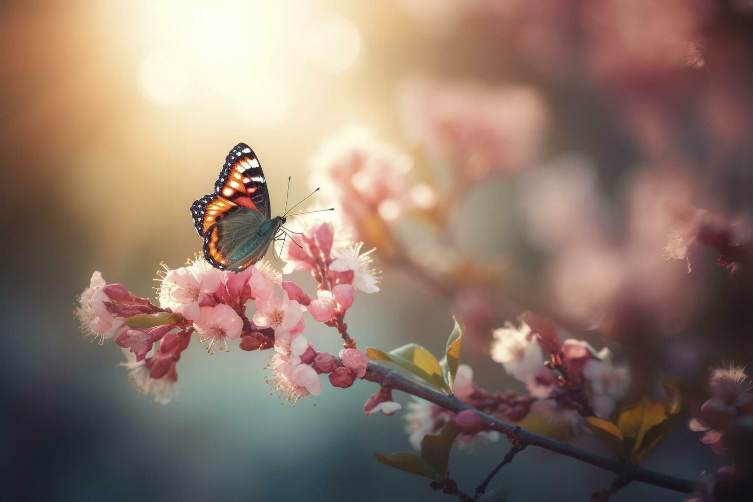 Spring banner, branches of blossoming cherry against the background of blue sky, and butterflies on nature outdoors. Pink sakura flowers, dreamy romantic image spring, landscape panorama, generate ai photo