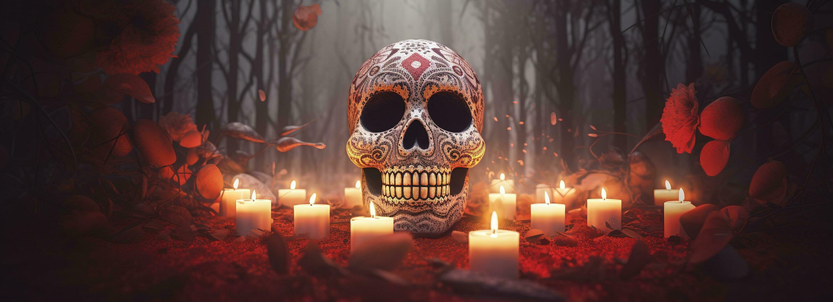 Day of the Dead skulls. Dia de los muertos. Day of the dead and mexican Halloween background. Mexican tradition festival. Day of the dead sugar skull. Dia de los Muertos, generate ai photo