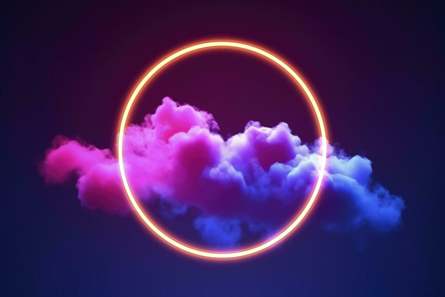 3d render, abstract cloud illuminated with neon light ring on dark night sky. Glowing geometric shape, round frame, generate ai photo