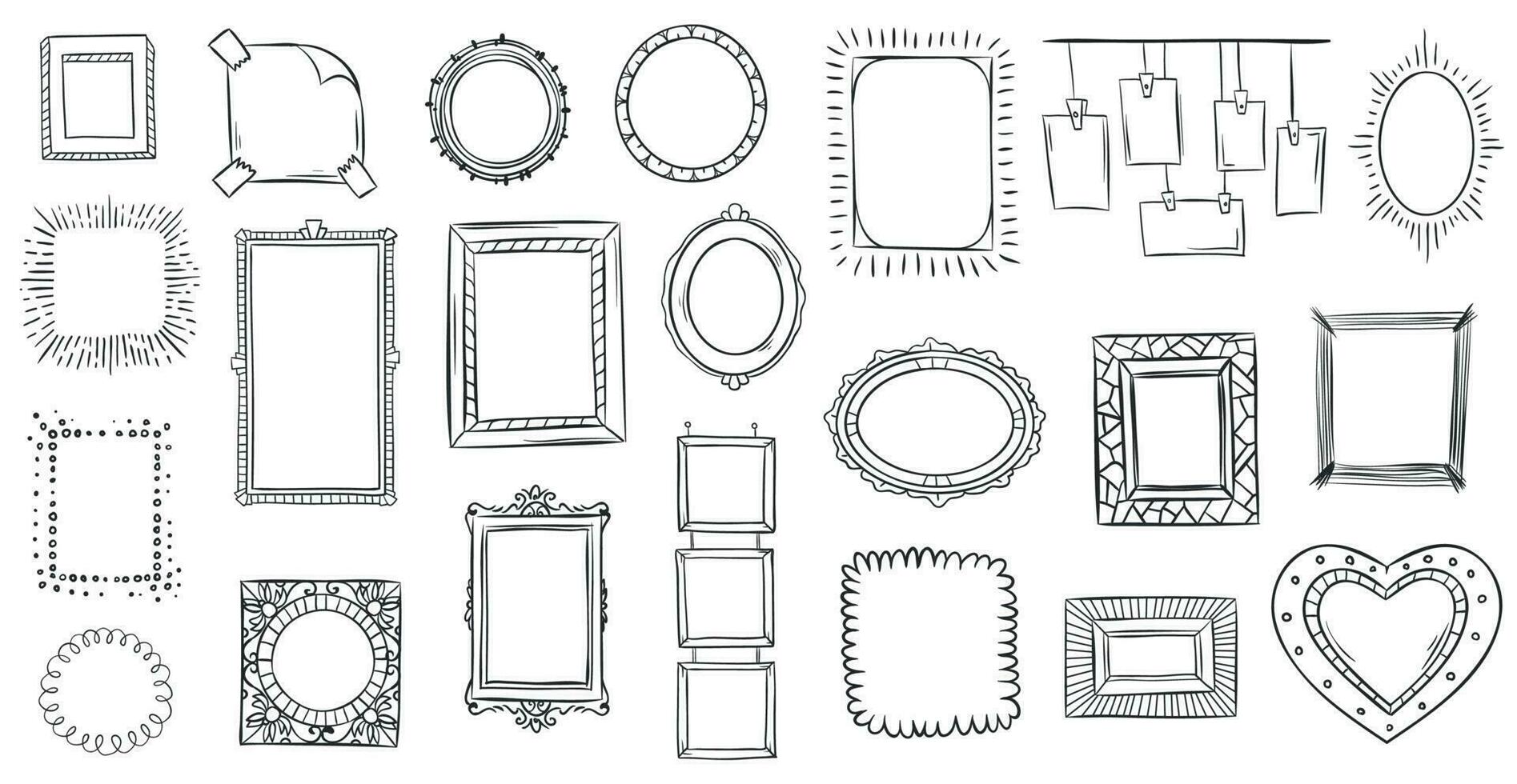 Doodle frames. Hand drawn frame, square borders sketched doodles and
