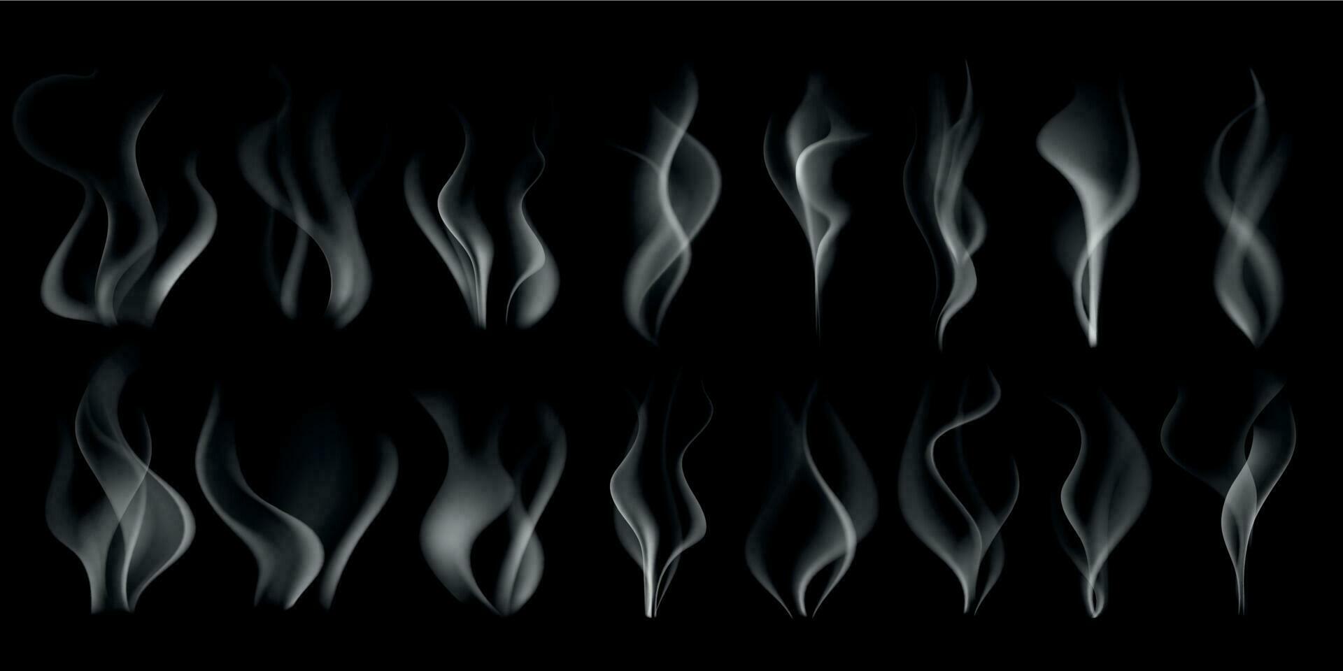 Steaming smoke. Hot steam stream, smoking cloud and steam from coffee cup isolated realistic 3D vector illustration set