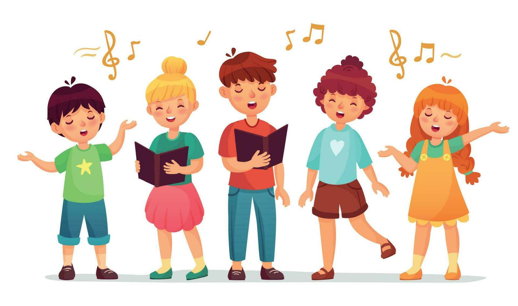 Singing kids. Music school, kid vocal group and children choir sing cartoon vector illustration