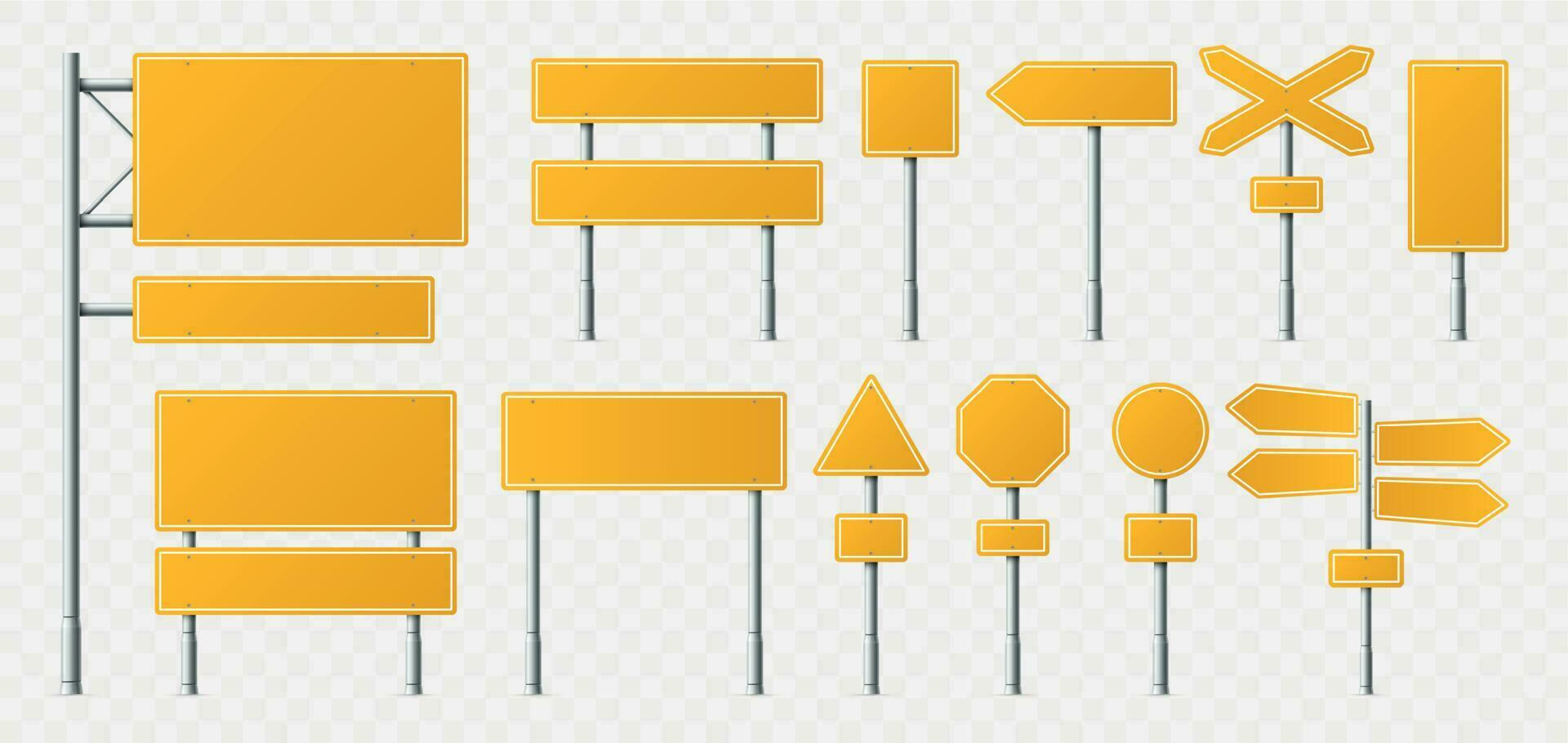 Yellow road sign. Empty street signs, transport road boards and signboard on metal stand realistic vector illustration set