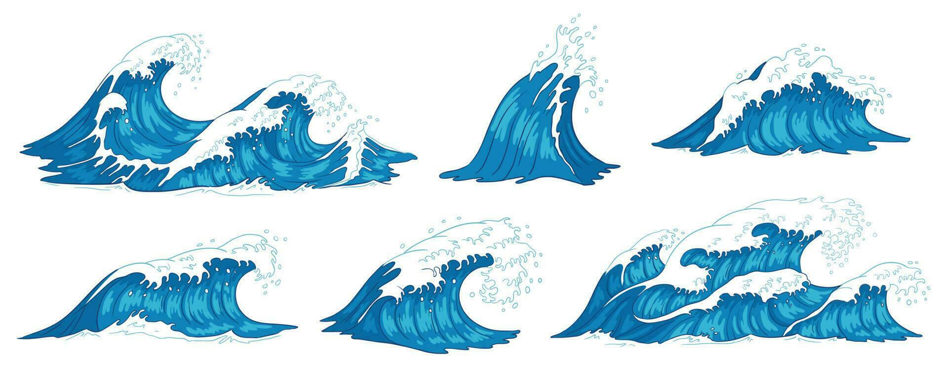 Oceano ondas. furioso mar agua ola, Clásico tormenta olas y ondas mareas mano dibujado vector ilustración