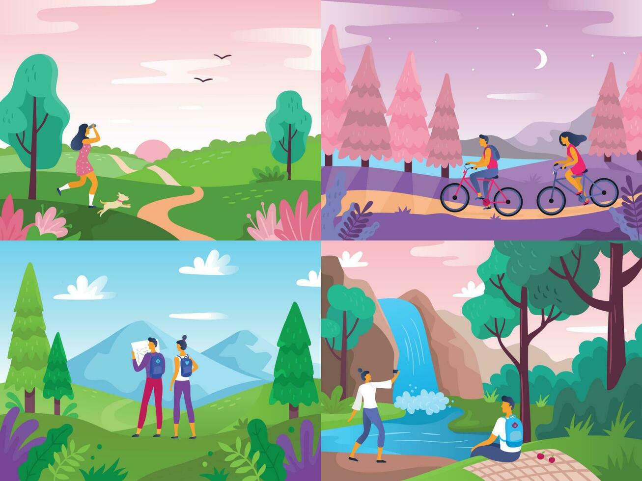 Tourism on nature. Mountaineering travelers, travel explore landscape and traveling sport rest flat vector illustration