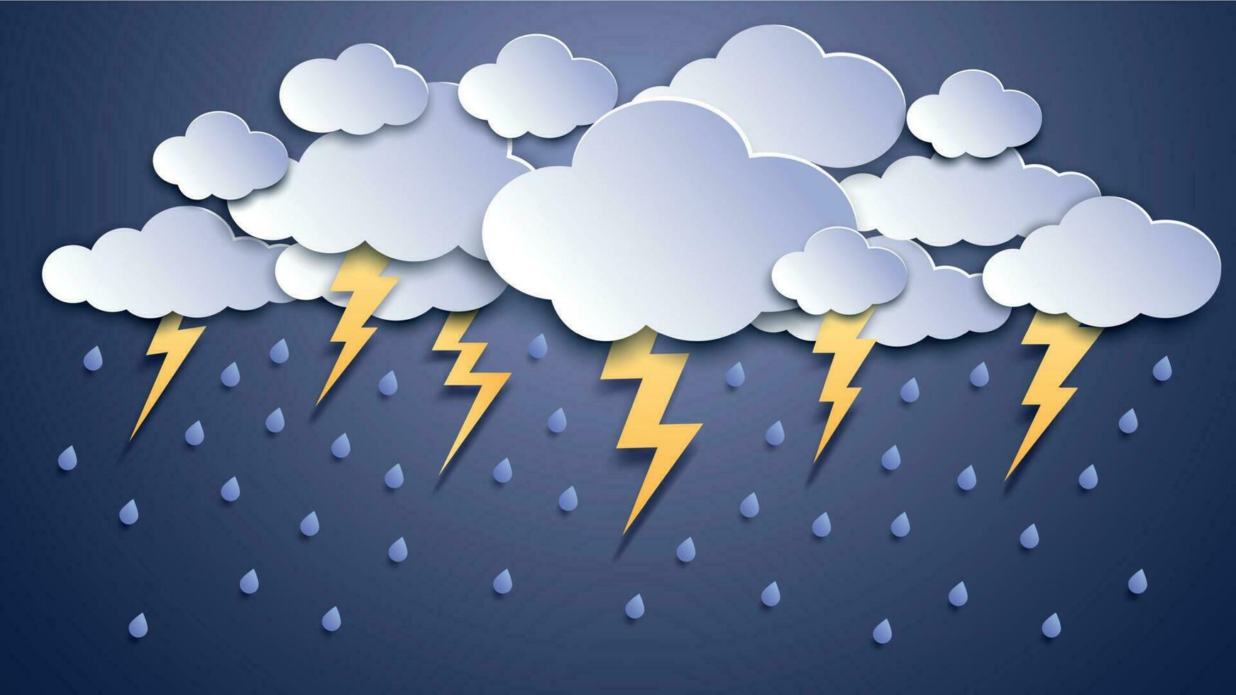 Summer thunderstorms. Storm clouds, thunderstorm lightning and rainy weather. Thunder and lightnings craft paper vector illustration