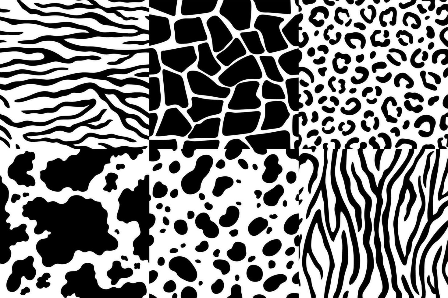 Animal skin pattern. Wildlife zebra texture, tiger skin stripes and leopard spots. Animals textures seamless patterns vector set