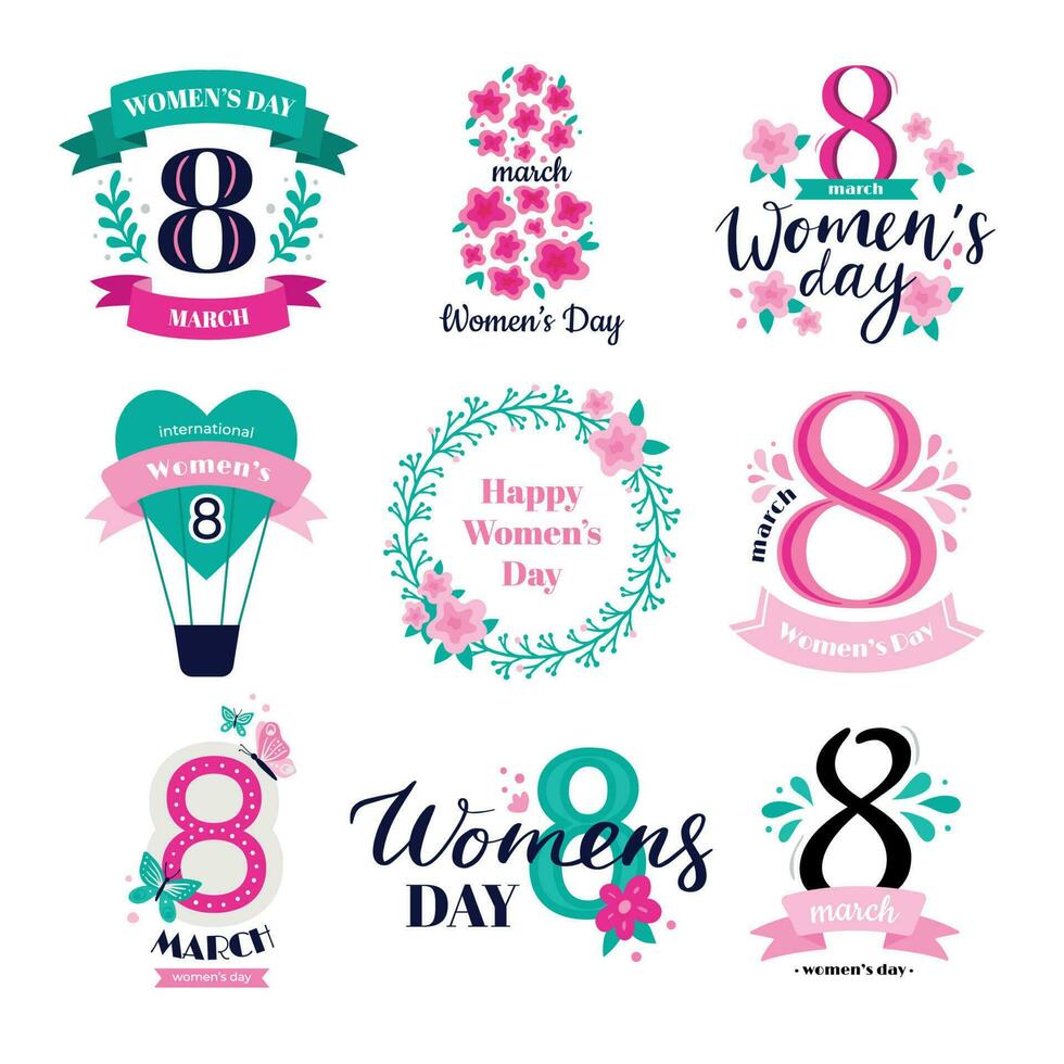 Eight march badges. International Womens Day congratulations, 8 logo and happy woman badge greeting card vector illustration set