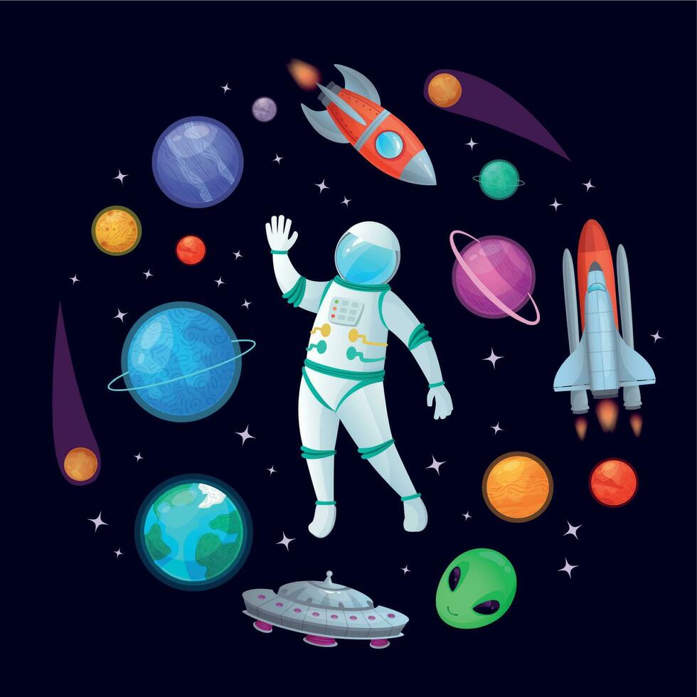 Cartoon astronaut in space. Spaceman rocket, stary ufo spaceship and planets vector illustration