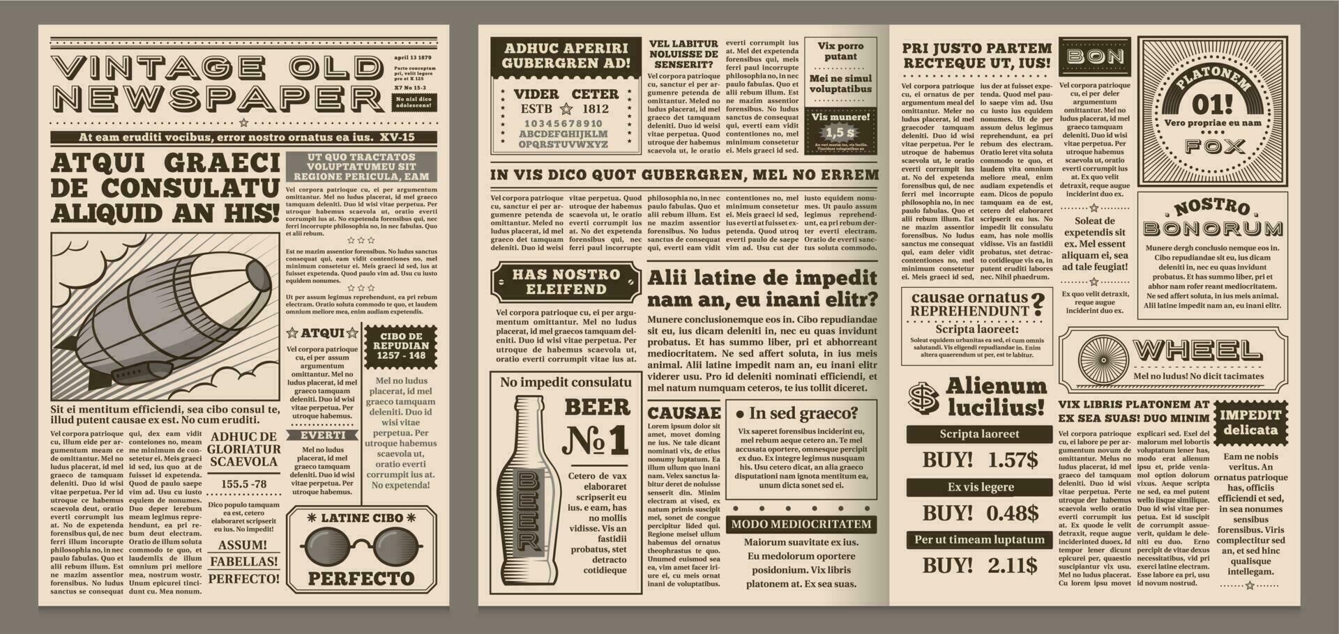 Vintage newspaper template. Retro newspapers page, old news headline
