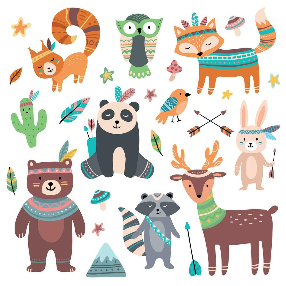 Cute tribal animal. Forest wild animals zoo, tribals bird feather arrows and wilds beast isolated cartoon set vector