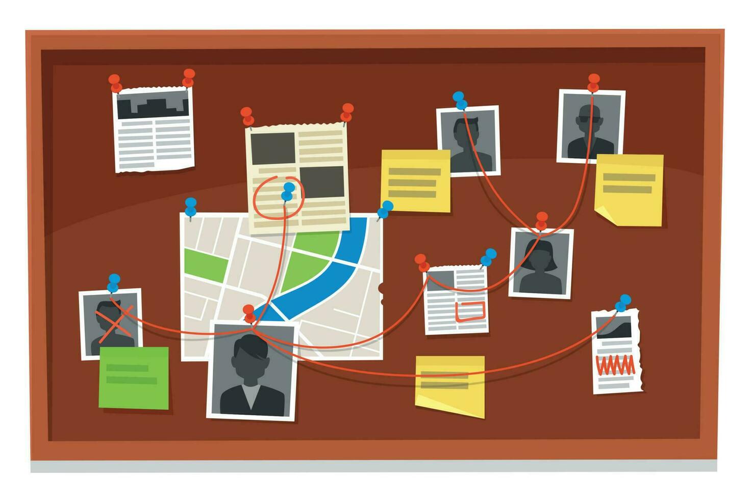 Detective board. Crime evidence connections chart, pinned newspaper and police photos. Investigation evidences vector illustration