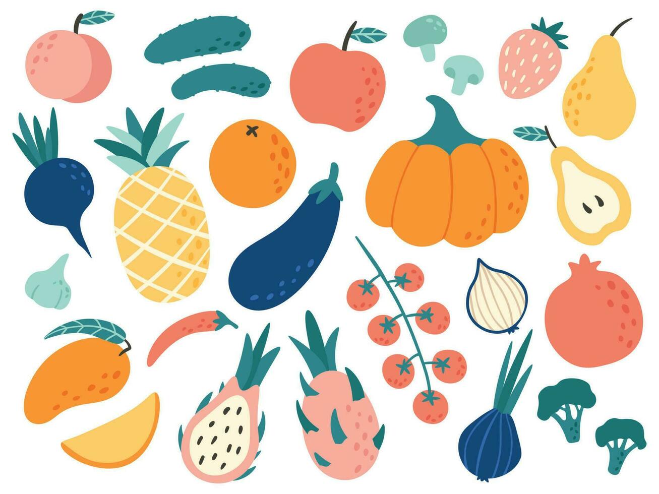 Hand drawn fruits and vegetables. Doodle organic food, vegan vegetable kitchen and doodles vector illustration set