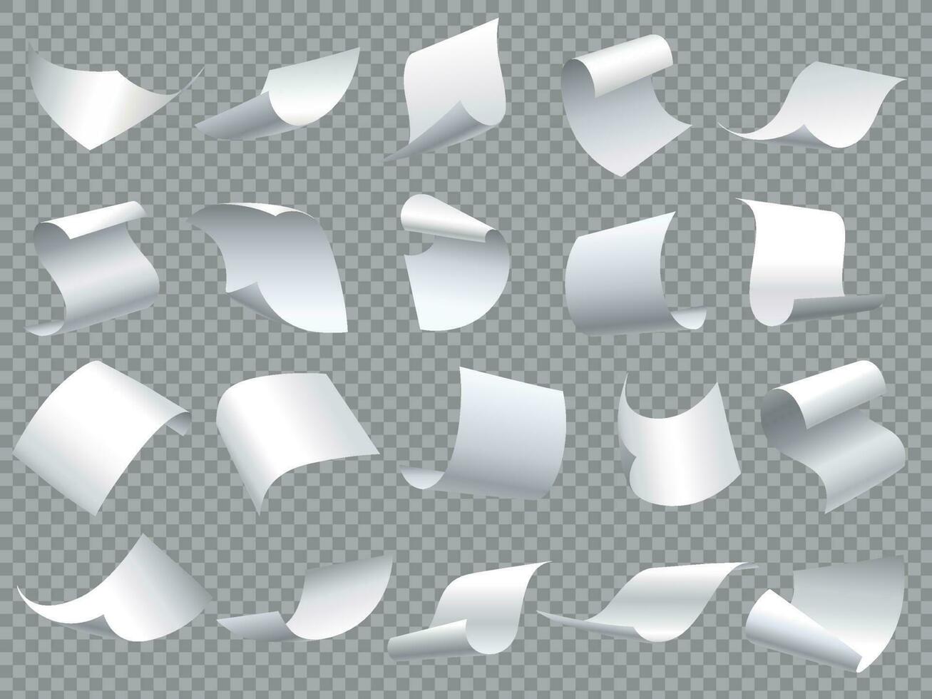 Flying paper pages. Falling papers documents sheets, document with curved corner and fly page sheet isolated vector objects set