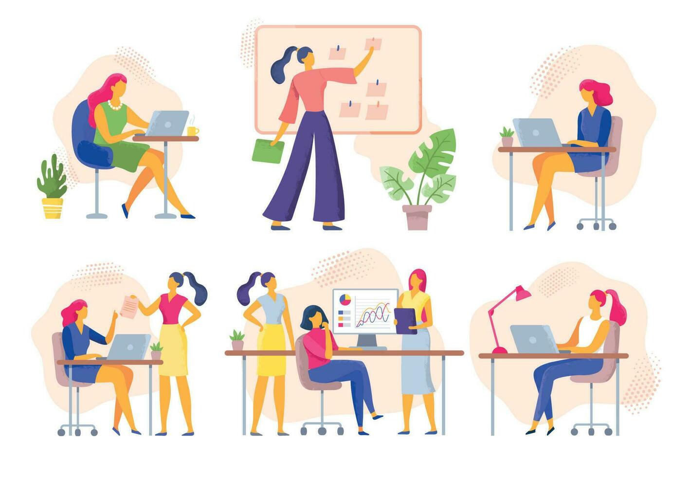 Female office workers. Business woman holds meeting, women team work together and businesswoman with laptop vector illustration