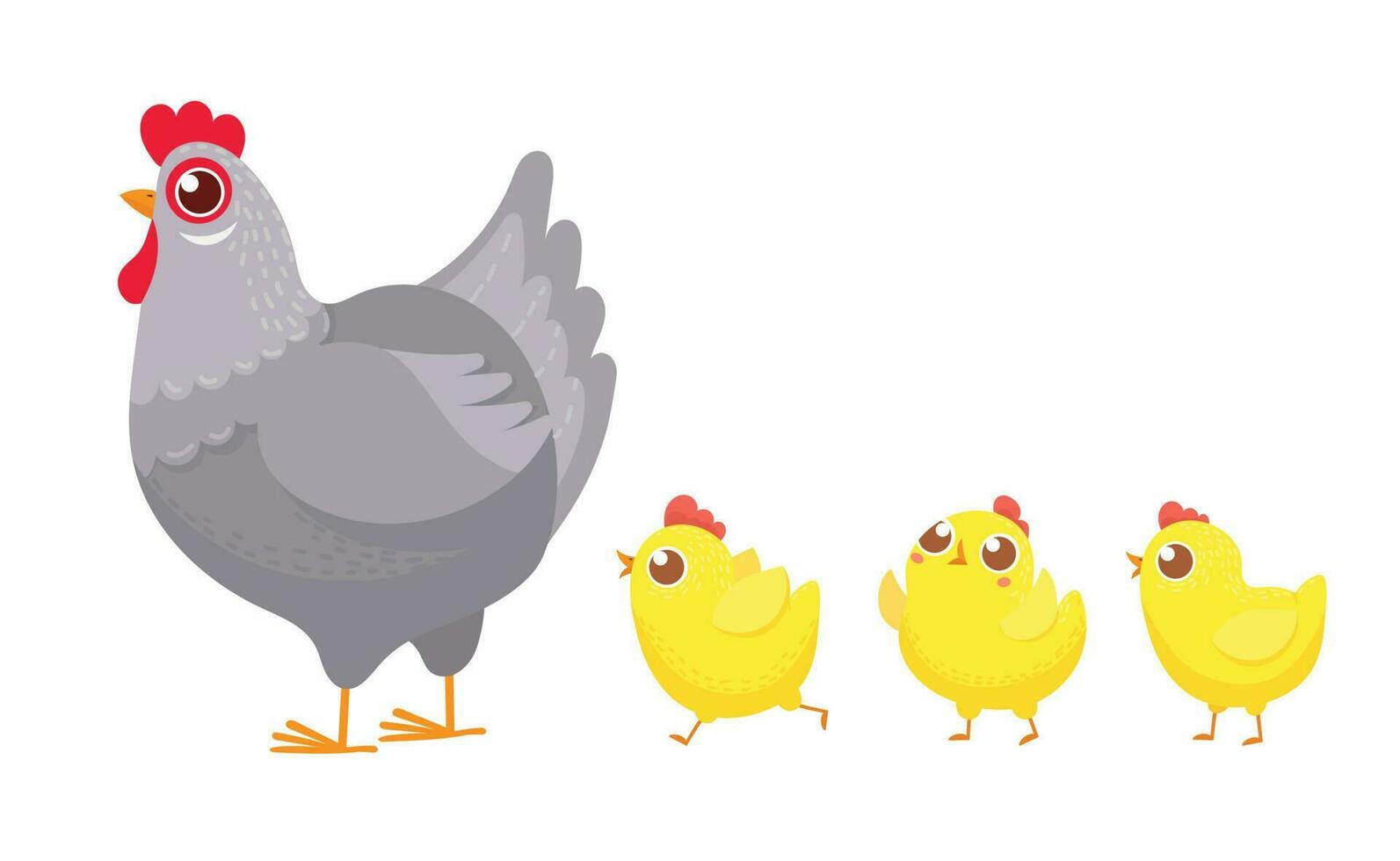 Chicks following chicken. Spring easter chickens, hatched chick and hen family cartoon vector illustration