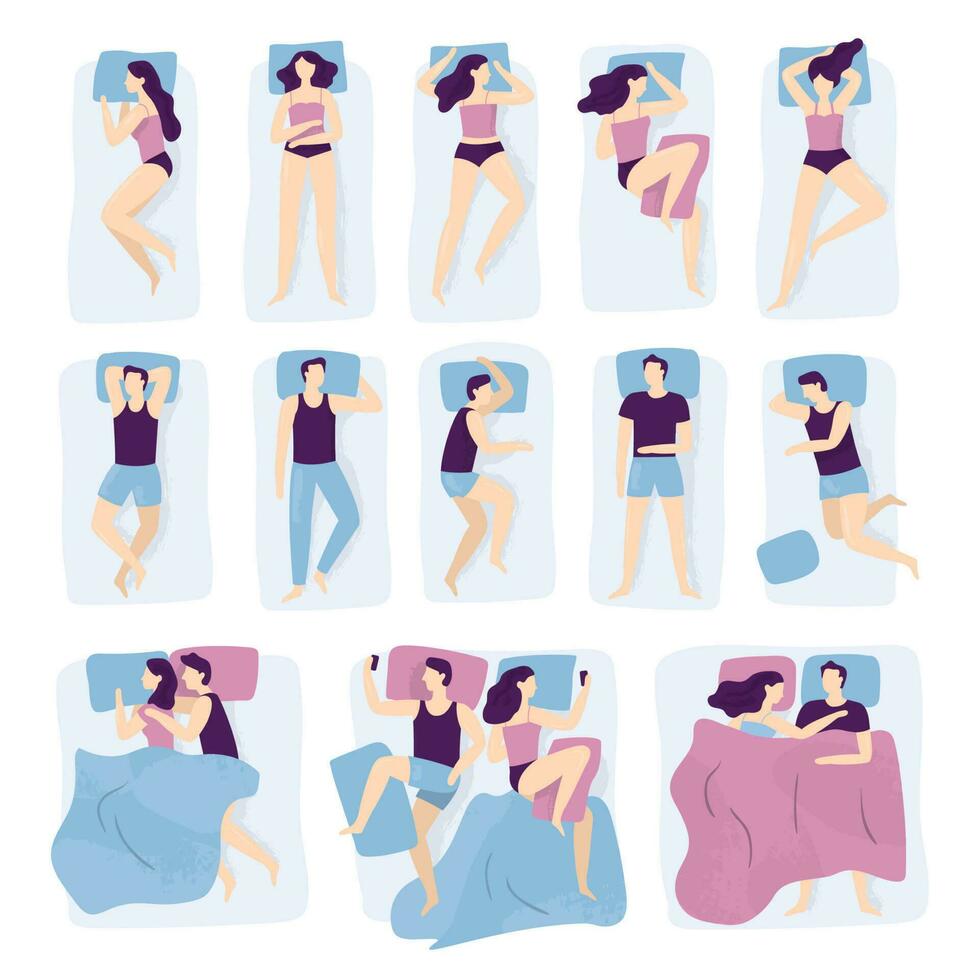 Sleep people set. Person sleeping in bed alone, asleep couple at bedroom. Lying side vector illustration