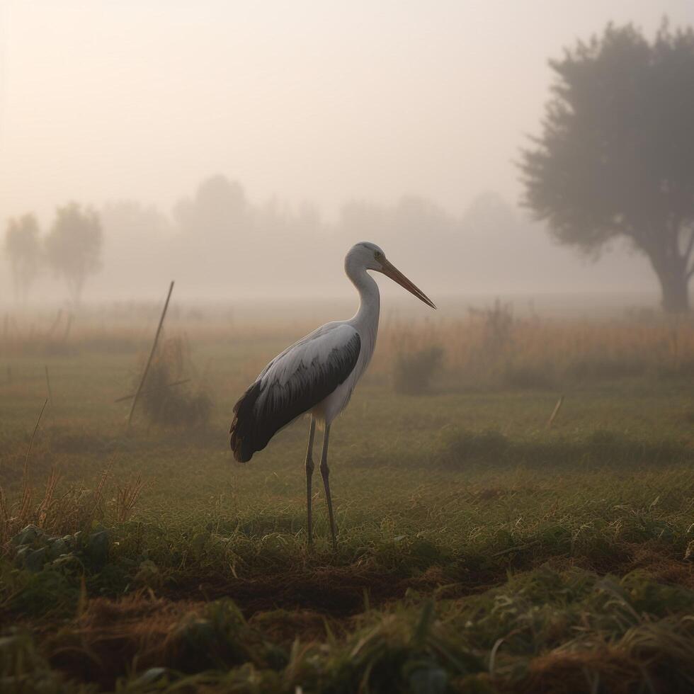 lonely stork bird on froggy morning photo