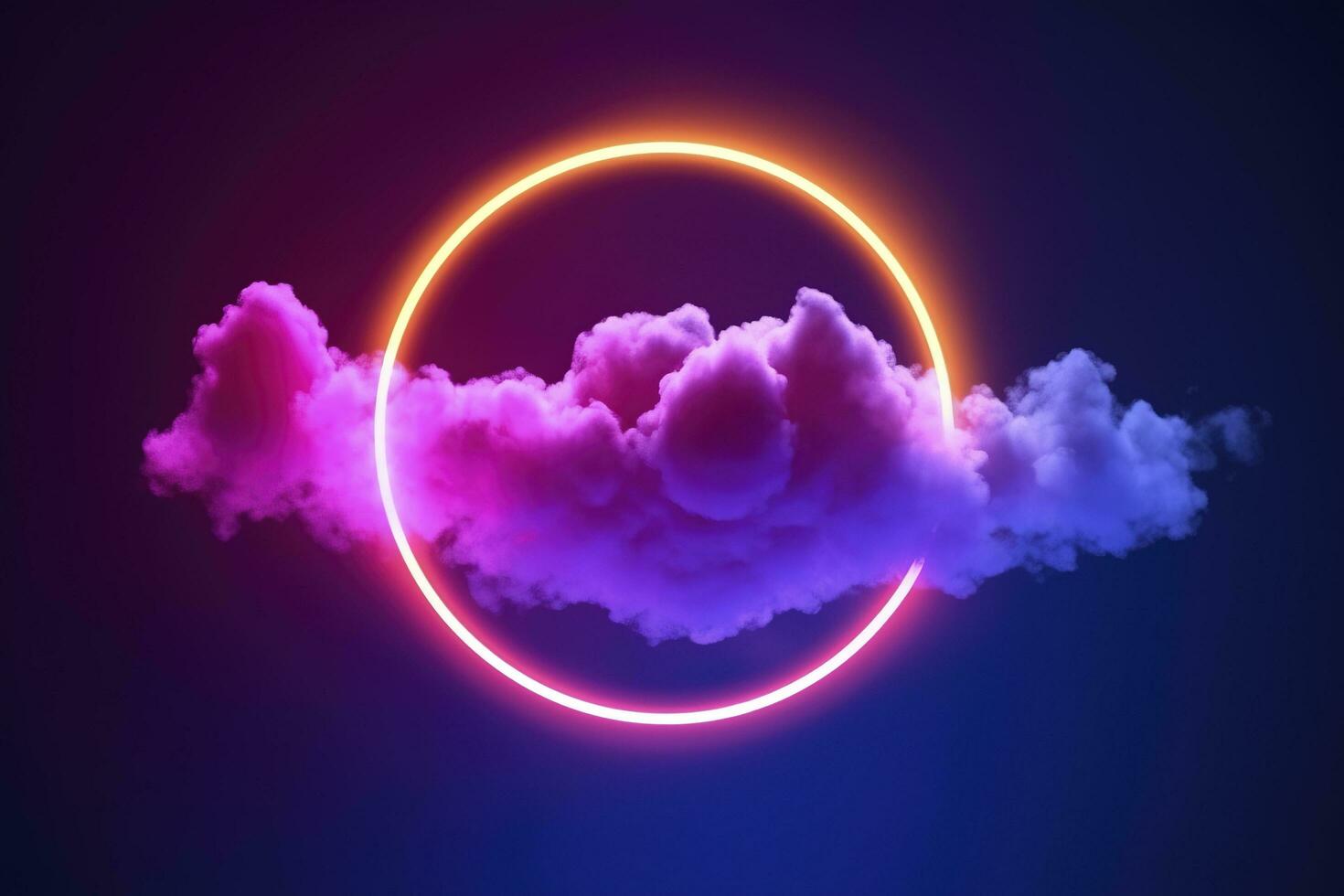 3d render, abstract cloud illuminated with neon light ring on dark night sky. Glowing geometric shape, round frame, generate ai photo