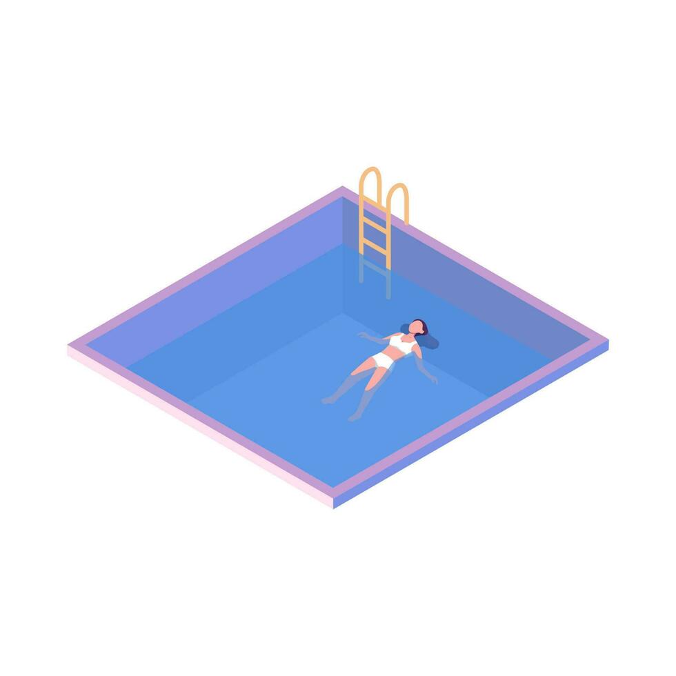 Happy calm woman floating, lying on water surface. flat style isometric illustration vector