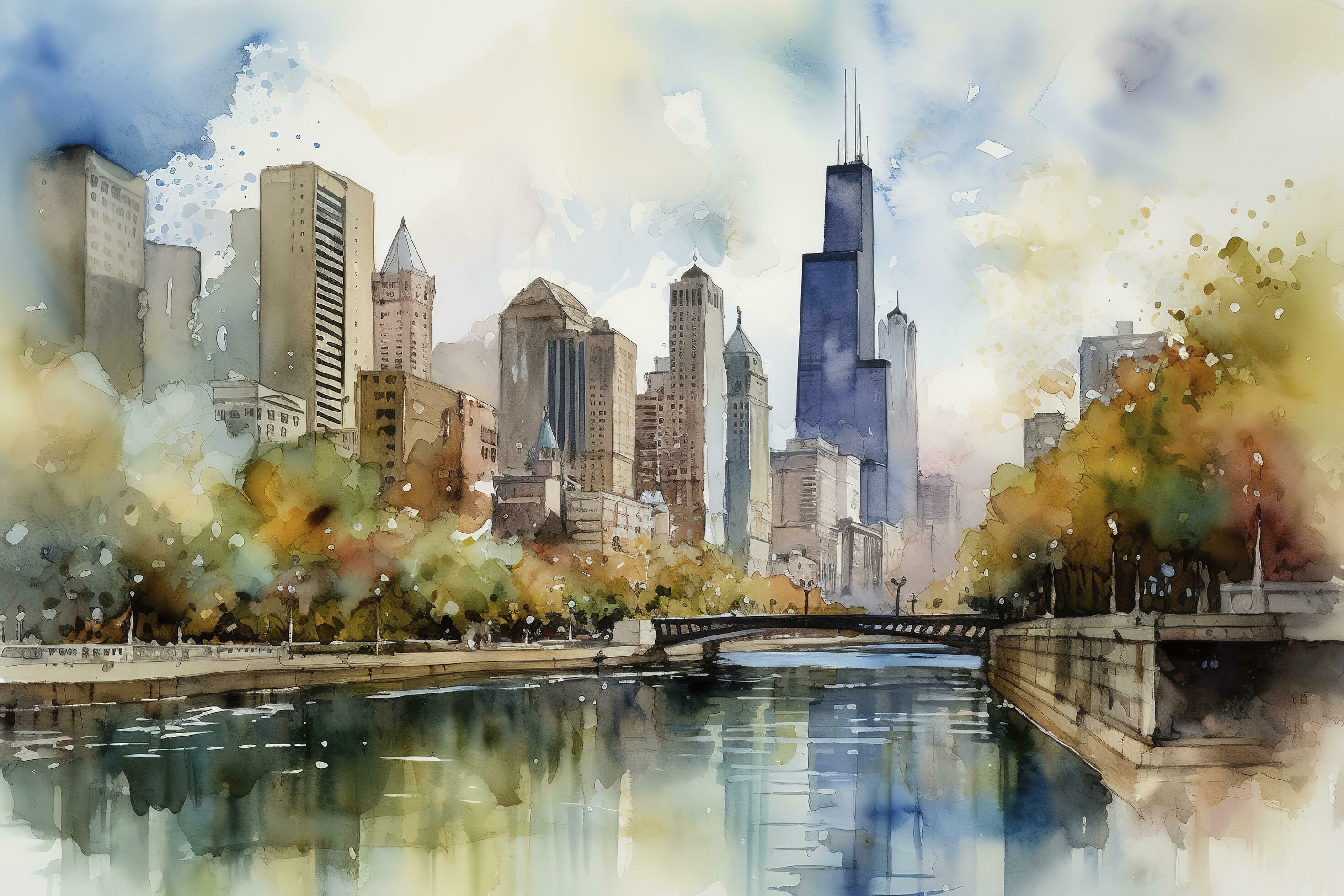 watercolor painting of a city skyline, featuring intricate architecture ...