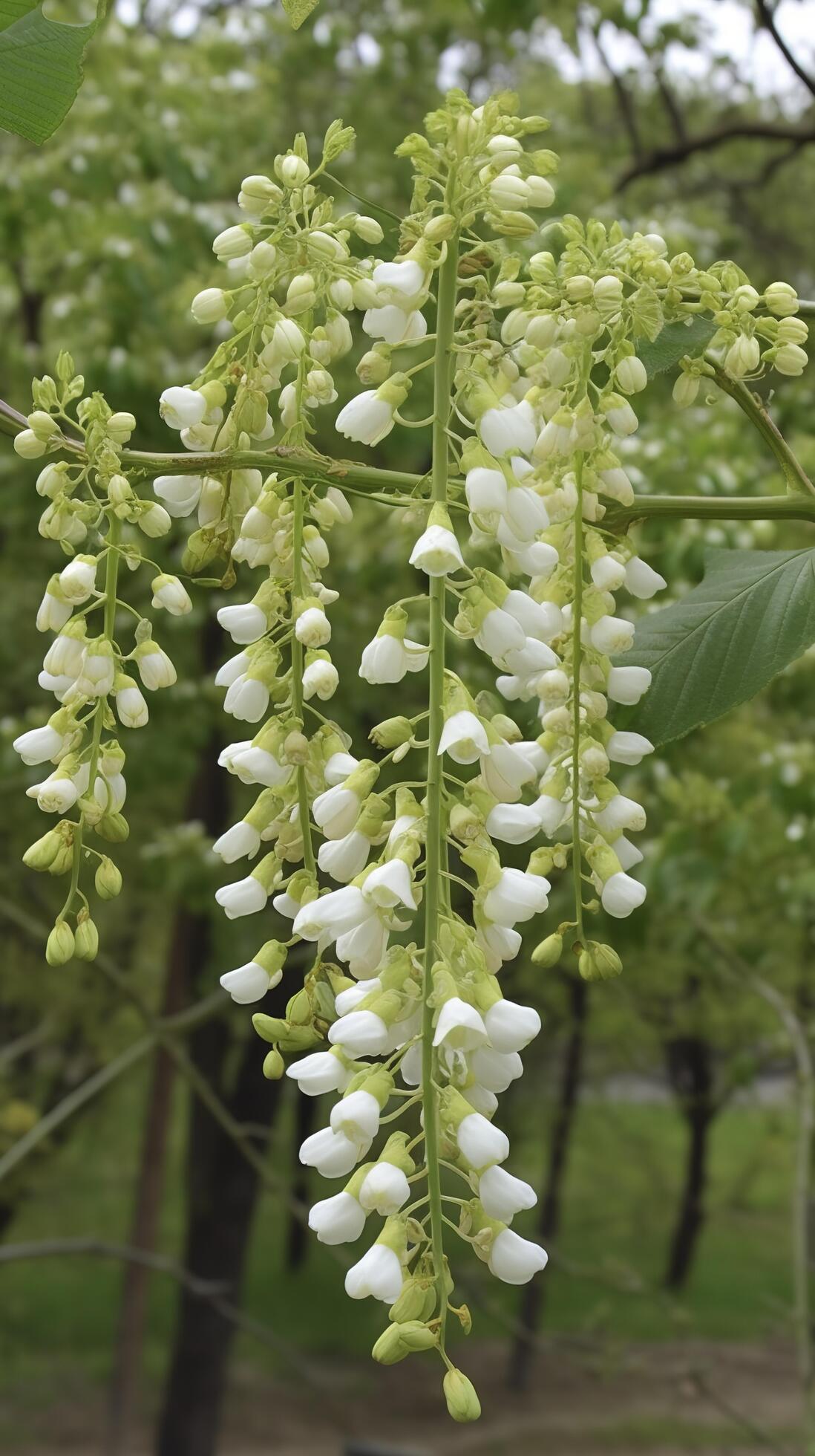 The green Sophora japonica trees are full of white Sophora japonica