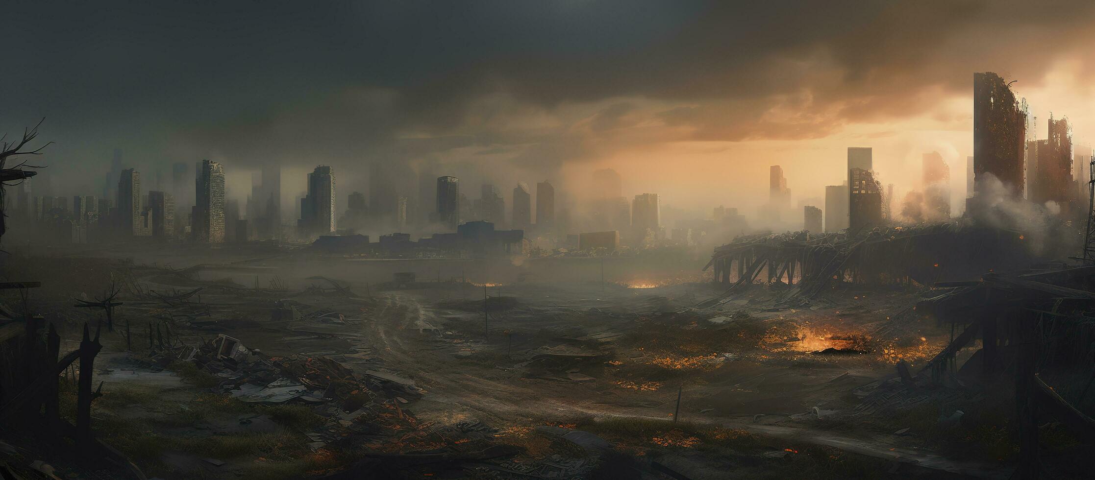 Post apocalypse. Nuclear apocalypse survivor. Ruined Cityscape. Concept. Banner size. Header, generate ai photo