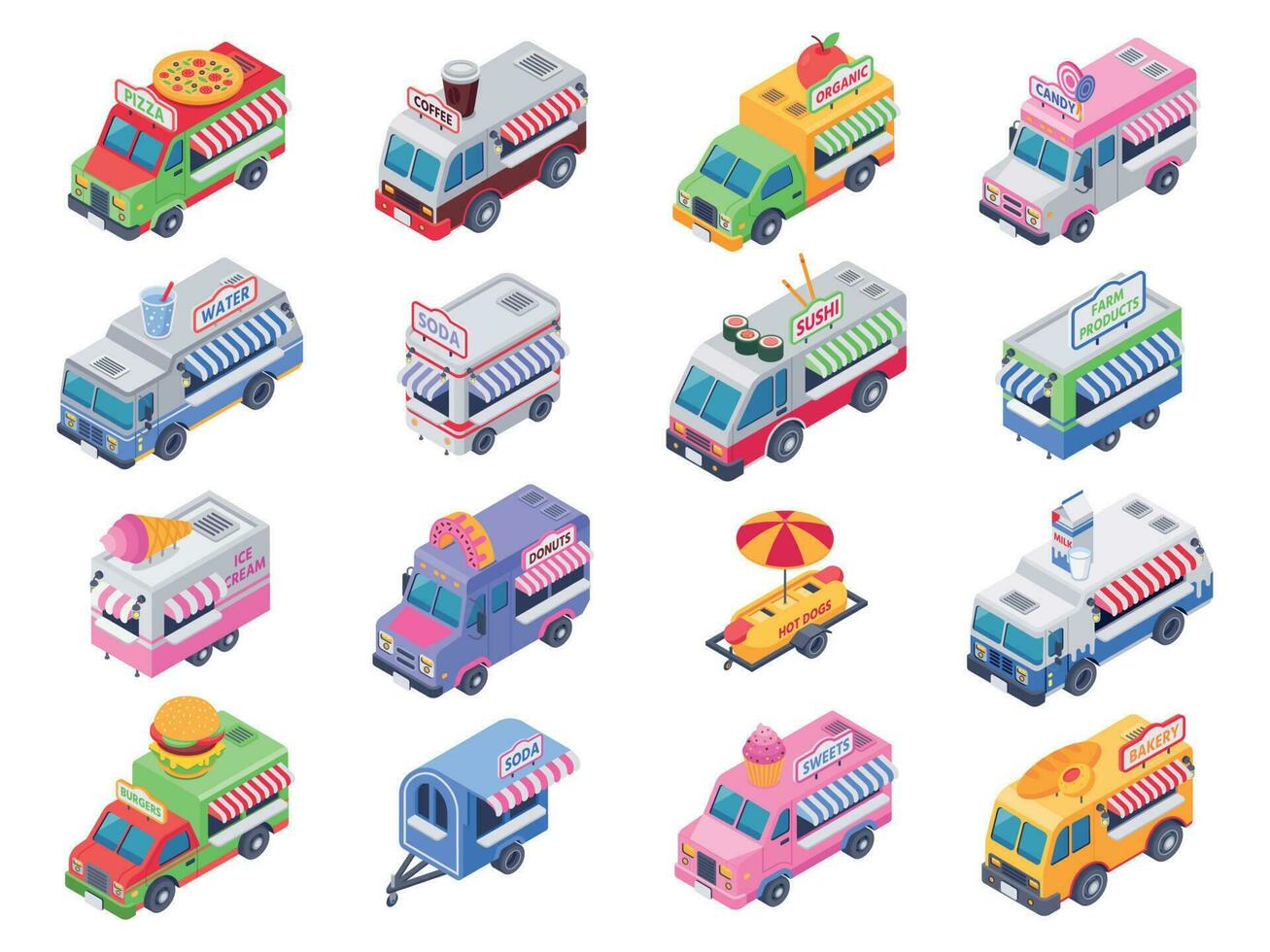 Isometric food trucks. Street carts, hot dog truck and outdoor coffee selling market 3d vector illustration set