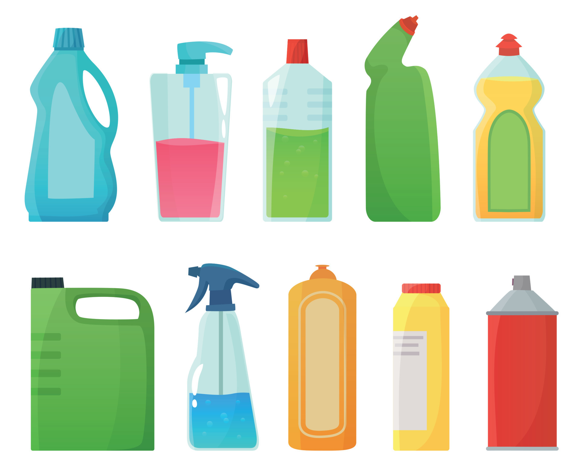 Detergent bottles. Cleaning supplies products, bleach bottle and