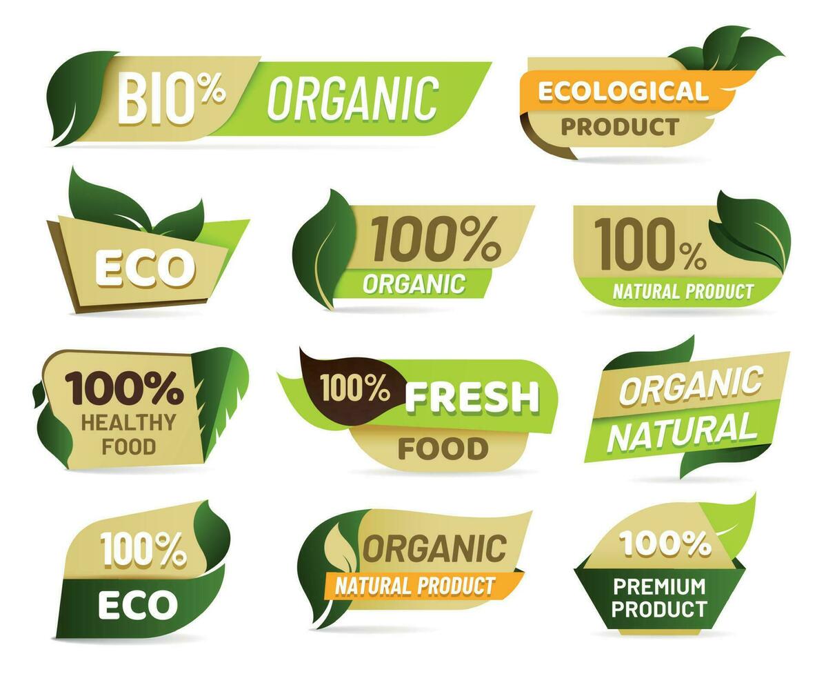 vegano emblema. Fresco naturaleza producto insignia, sano vegetariano comida productos pegatina y natural ecológico comidas etiquetas vector conjunto