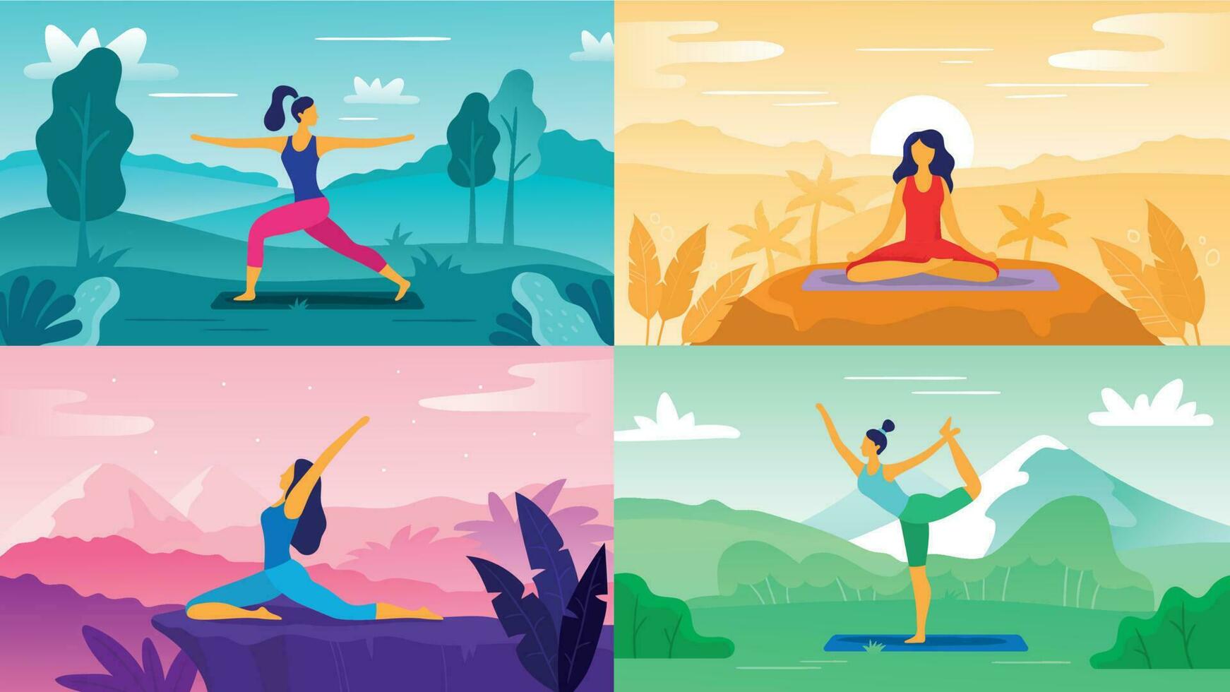 yoga ejercicio en naturaleza. relajarse al aire libre ejercicios, cuidado de la salud aptitud y sano estilo de vida. yoga poses plano vector ilustración conjunto