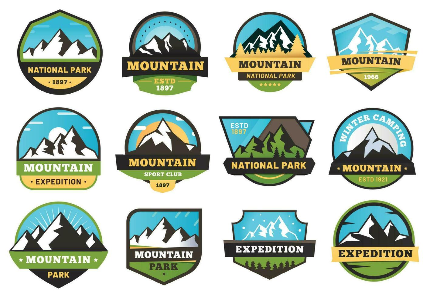 montaña expedición emblemas al aire libre viaje etiquetas, montañas excursionismo pegatina emblema y verano cámping insignias vector ilustración conjunto