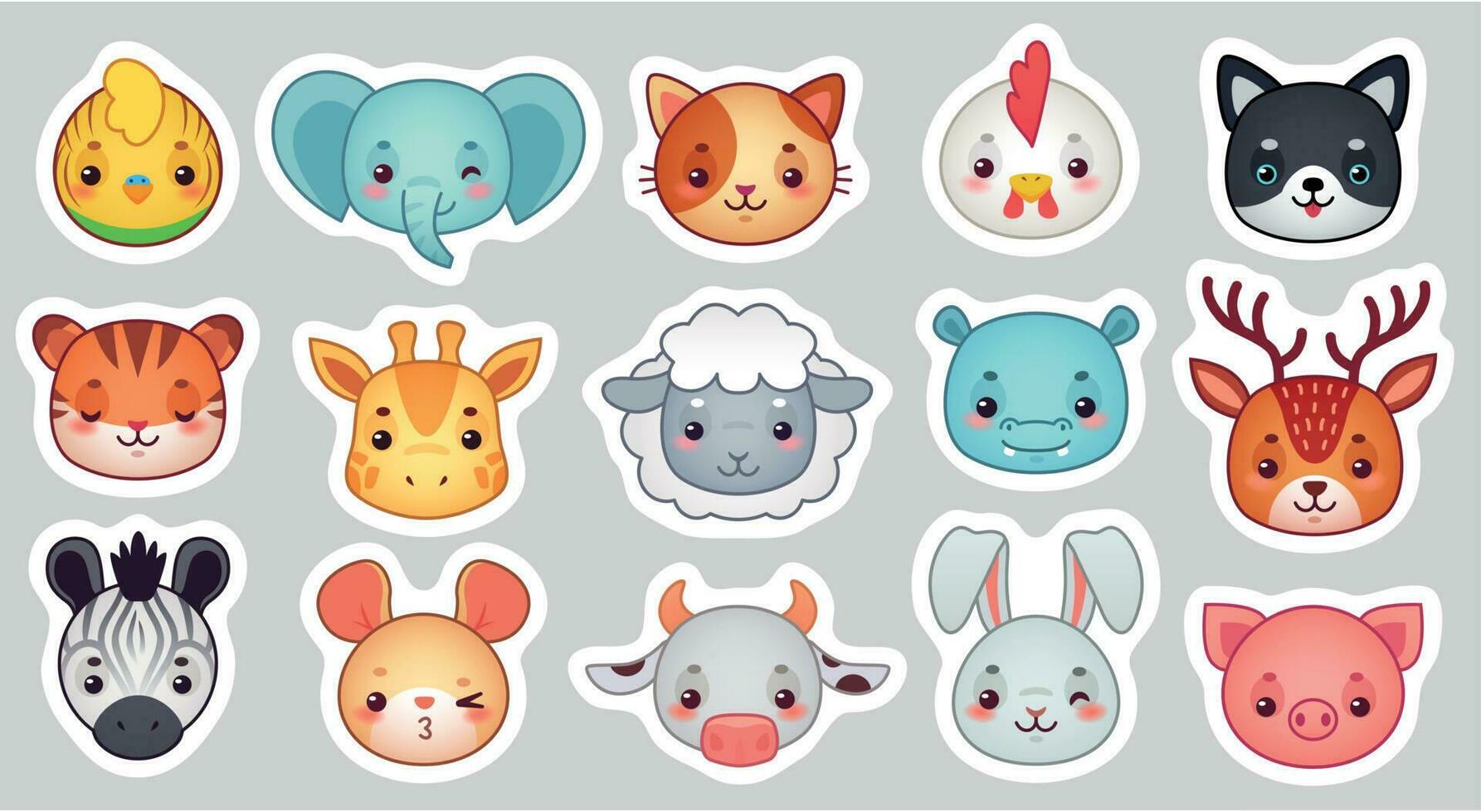 Cute animal stickers. Smiling adorable animals faces, kawaii sheep and funny chicken cartoon vector illustration set