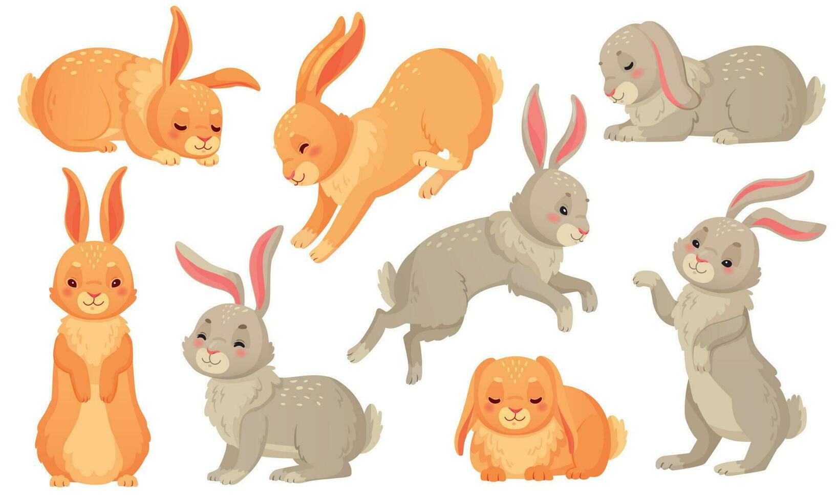 Cartoon bunny. Rabbits pets, easter bunnies and plush little spring rabbit pet isolated vector illustration set