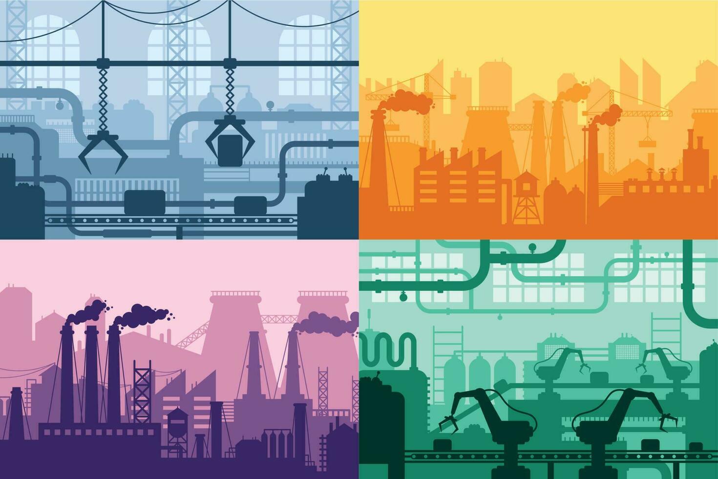 Industrial factory silhouette. Manufacture industry interior, manufacturing process and factories machines vector background set