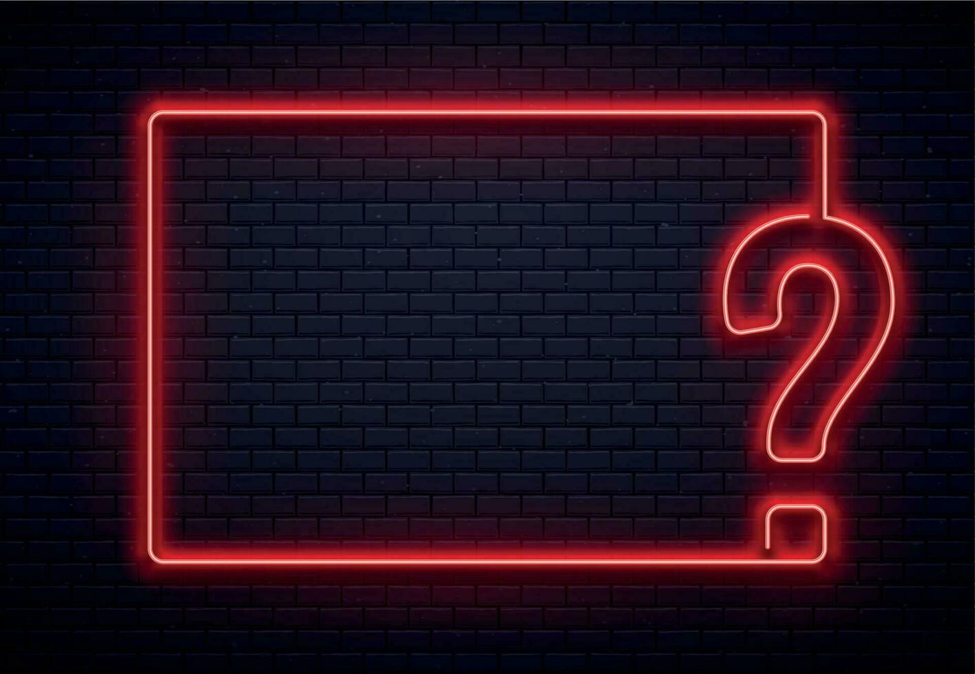 Neon question mark frame. Quiz lighting, interrogation point red neon lamp on bricks wall texture background 3d vector illustration