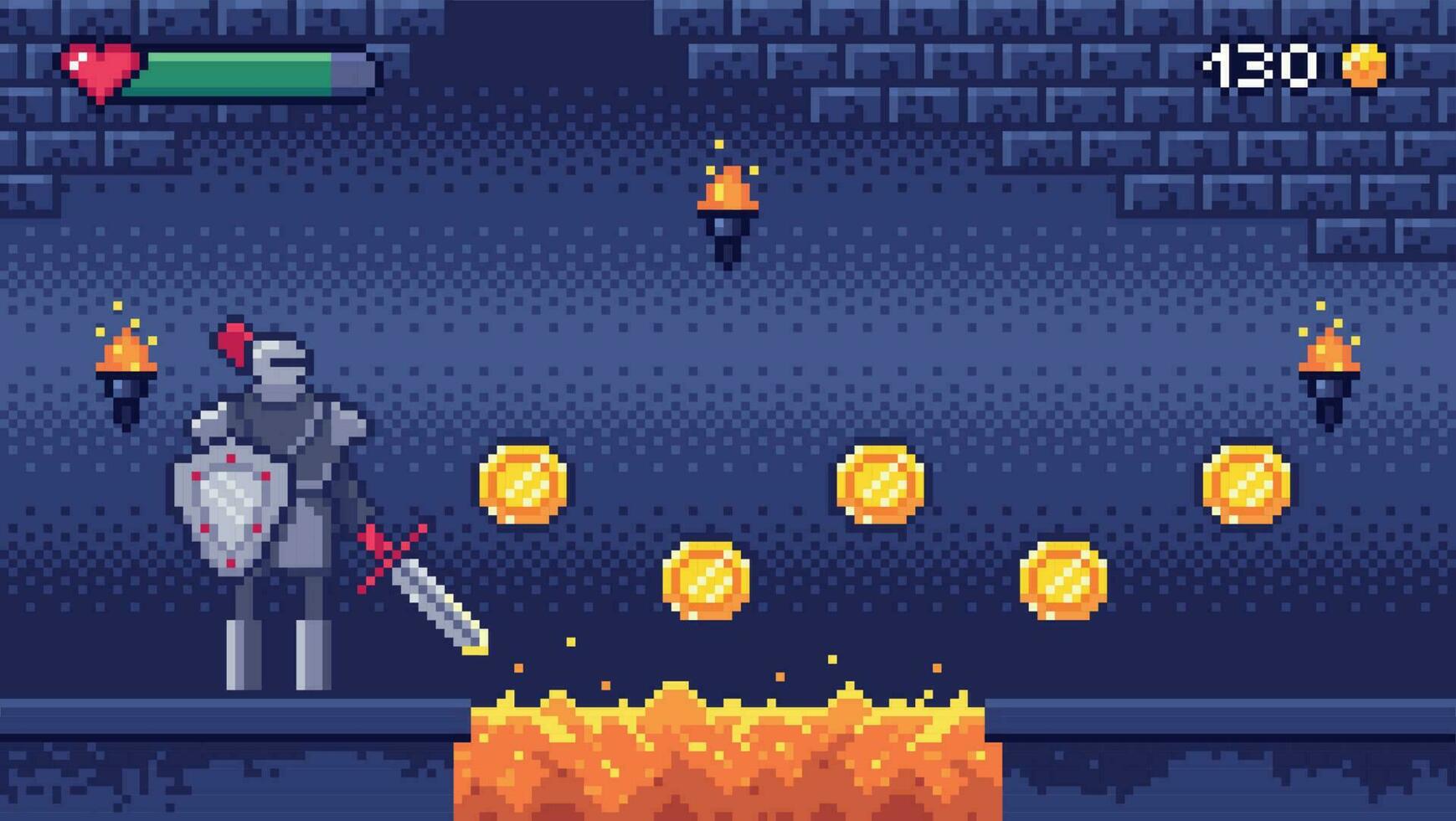 retro computadora juegos nivel. píxel Arte vídeo juego escena 8 poco guerrero personaje recoge oro monedas, píxeles juego de azar vector ilustración