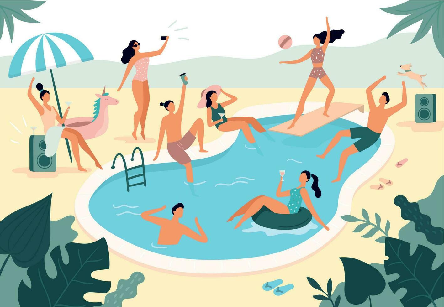 nadando piscina fiesta. verano al aire libre personas en trajes de baño nadar juntos y caucho anillo flotante en piscina agua vector ilustración