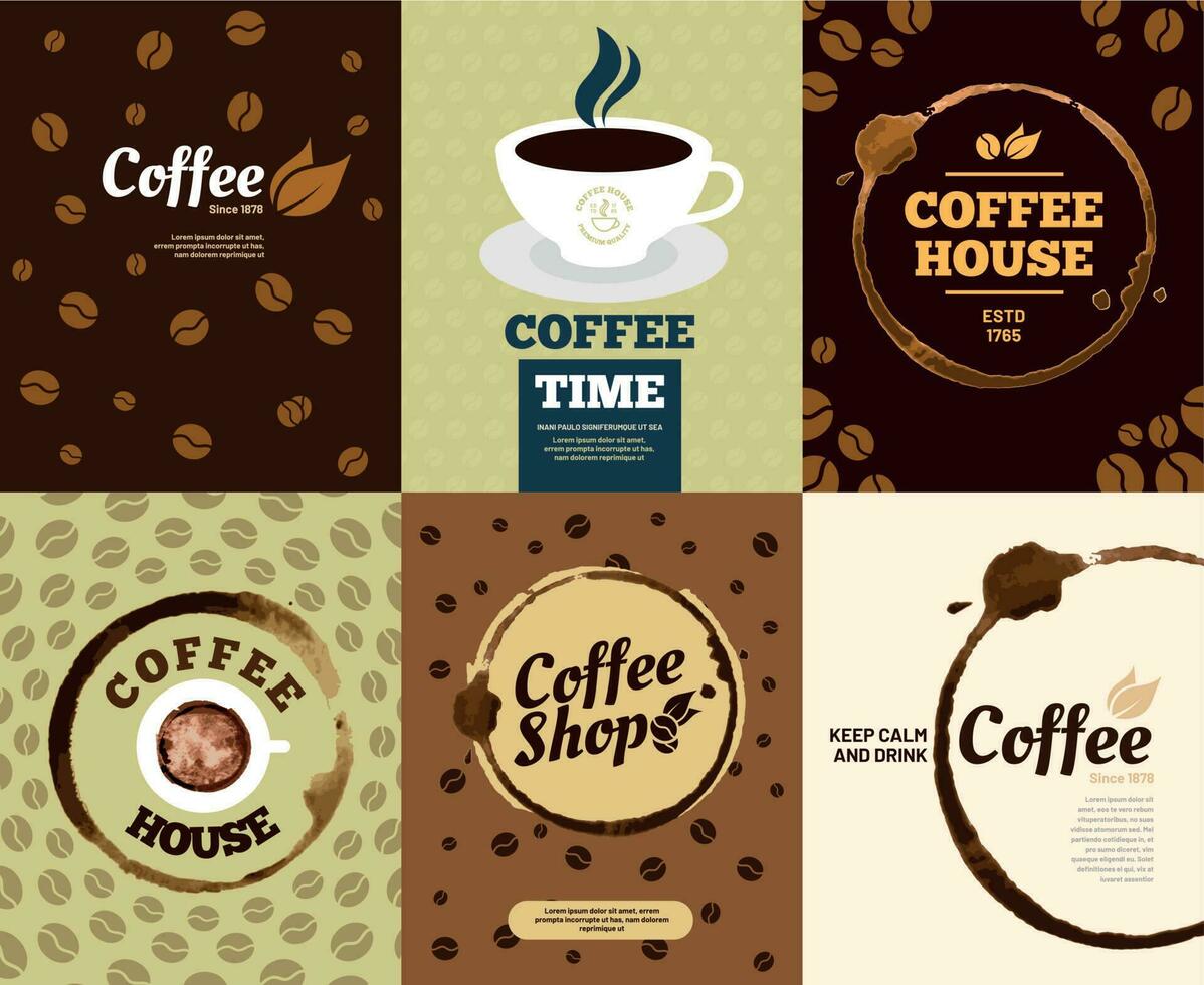 Coffee posters. Cafe stain poster or spill splash coffee stained card. Retro vector illustration set