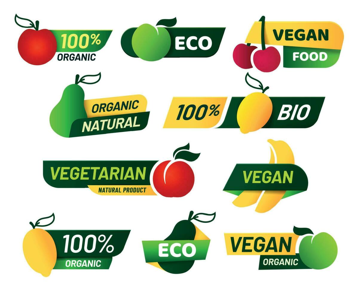 Vegan labels. Green eco food, healthy fresh organic products and vegetarian emblem label vector set