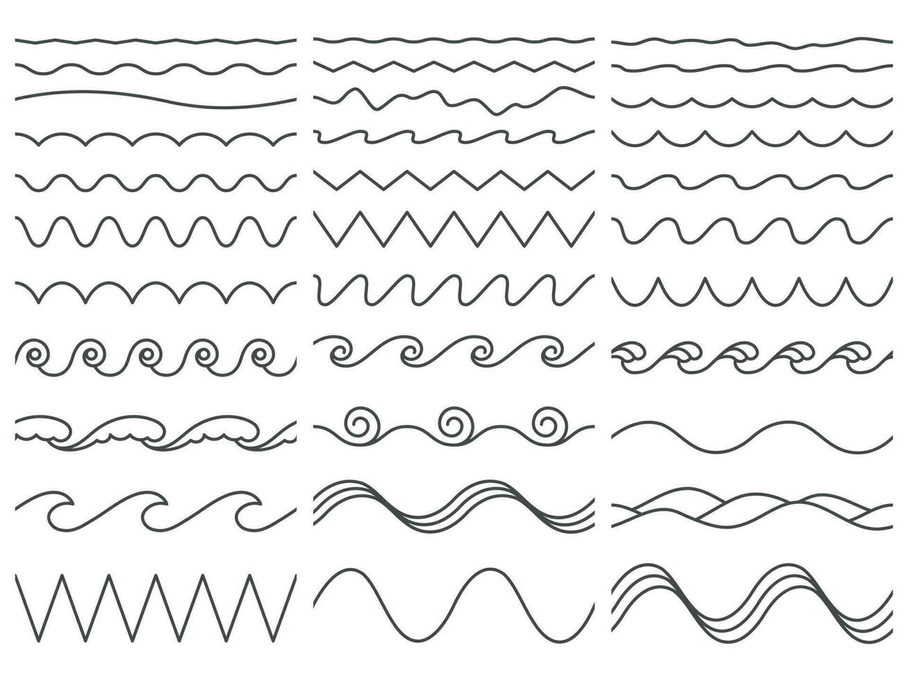 Wavy lines. Wiggly border, curved sea wave and seamless billowing ocean waves vector illustration set