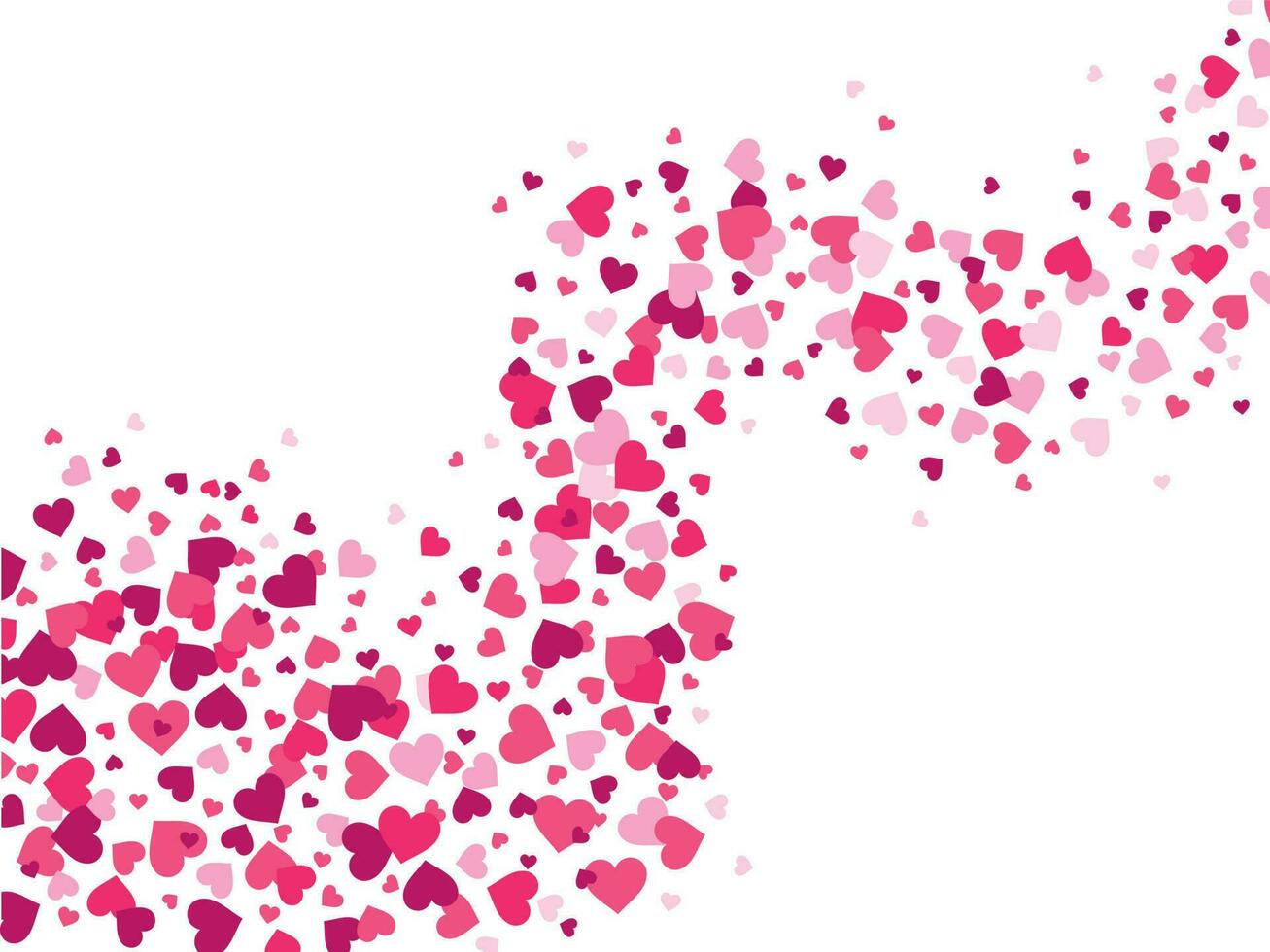 Hearts confetti wave. Love stream, scattering confetti splash flow and glamour romantic heart valentines vector background