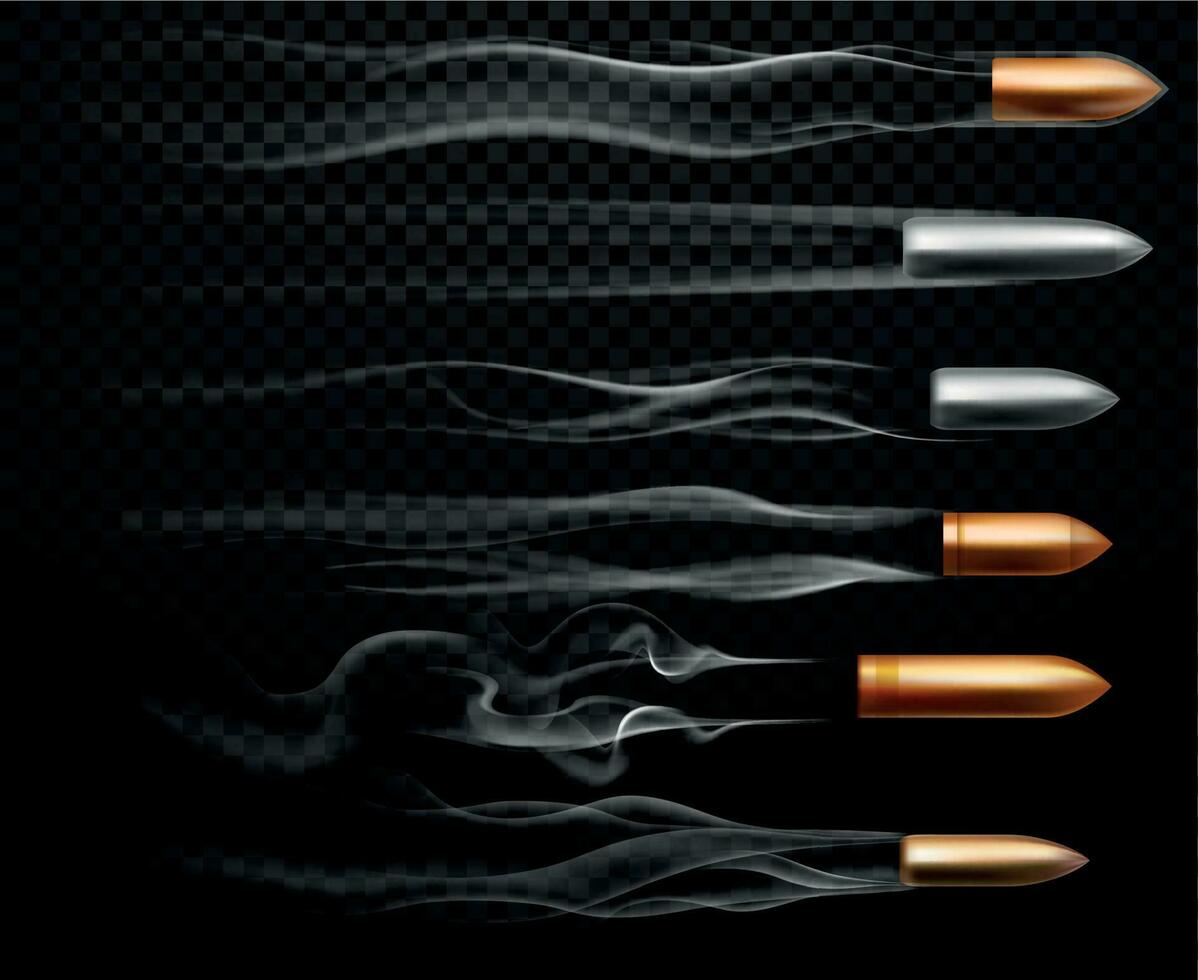 Flying bullet traces. Shooting military bullets smoke trace, handgun shoot trails and realistic shoot trail vector illustration set