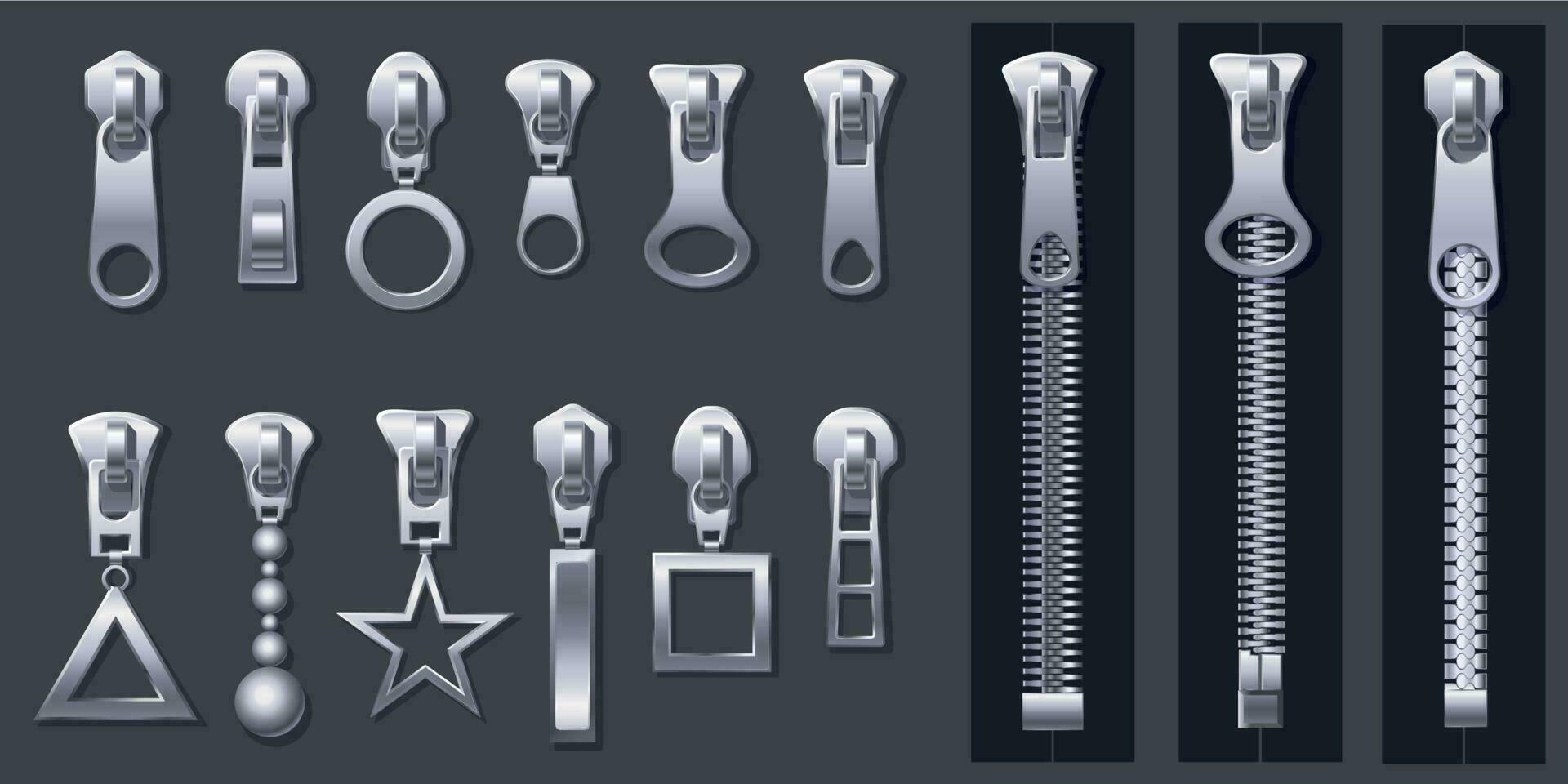 Zipper pulls. Metal zippers and fabric pull, cloth clasp and clothing zipper isolated 3d realistic vector set